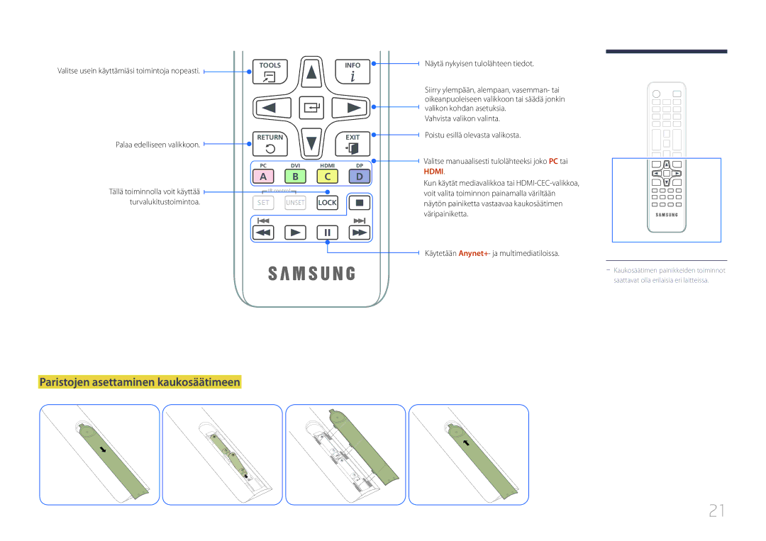 Samsung LH22DBDPTGC/EN manual Paristojen asettaminen kaukosäätimeen, Valitse usein käyttämiäsi toimintoja nopeasti 