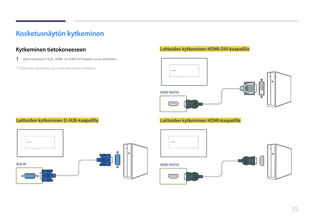 Samsung LH22DBDPTGC/EN manual Kosketusnäytön kytkeminen, Kytkeminen tietokoneeseen, Laitteiden kytkeminen D-SUB-kaapelilla 