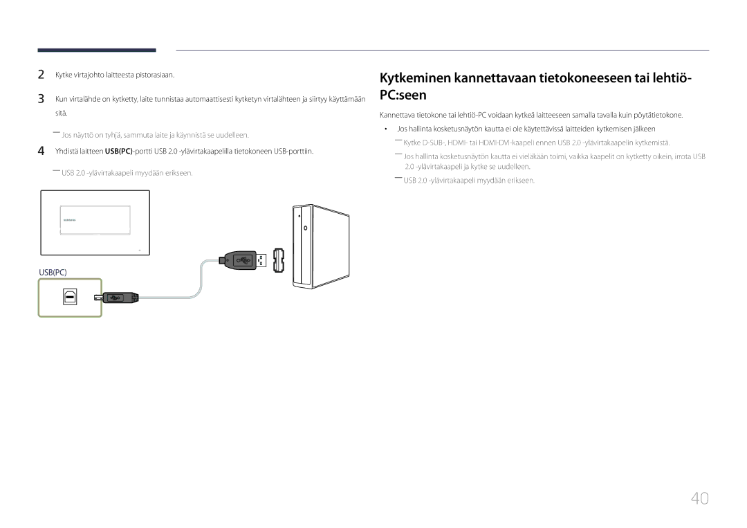 Samsung LH22DBDPTGC/EN manual Kytkeminen kannettavaan tietokoneeseen tai lehtiö- PCseen 