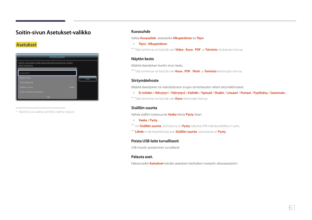 Samsung LH22DBDPTGC/EN manual Soitin-sivun Asetukset-valikko, Vaaka / Pysty 