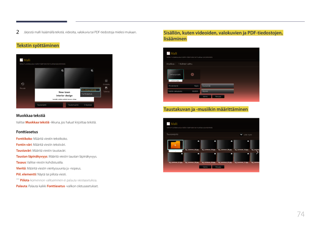 Samsung LH22DBDPTGC/EN manual Tekstin syöttäminen, Taustakuvan ja -musiikin määrittäminen 