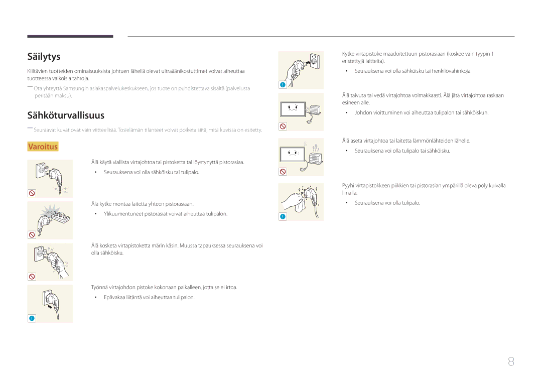 Samsung LH22DBDPTGC/EN manual Säilytys, Sähköturvallisuus 