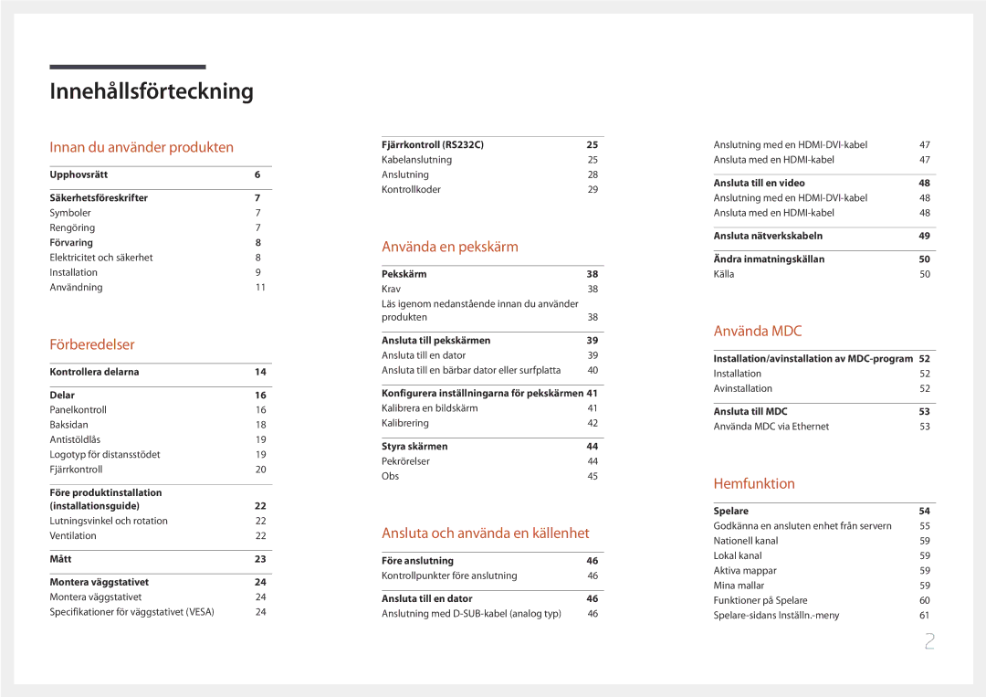 Samsung LH22DBDPTGC/EN manual Innehållsförteckning 