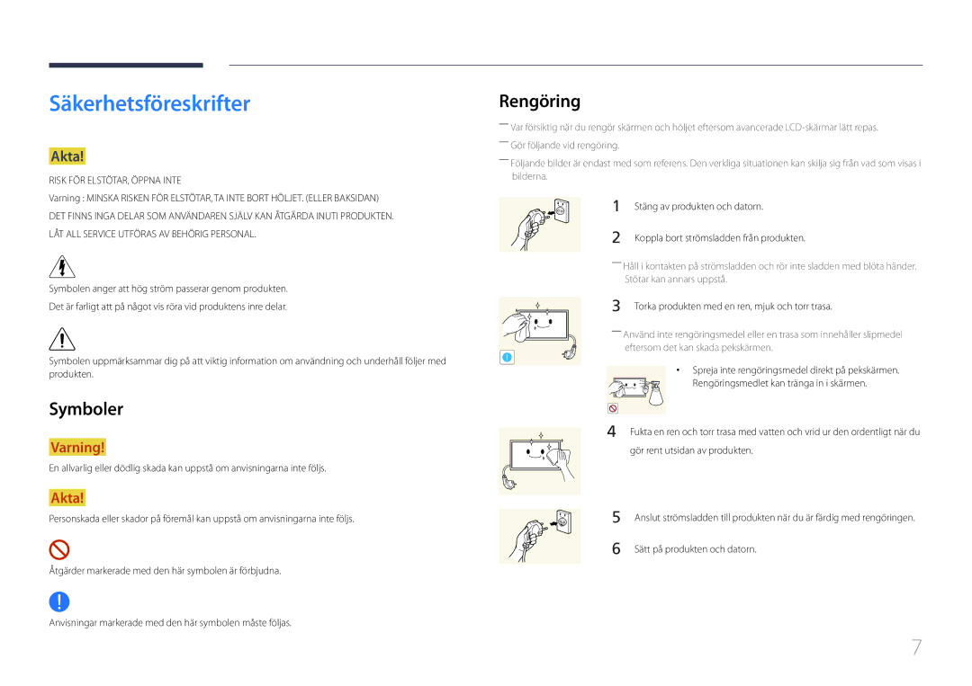 Samsung LH22DBDPTGC/EN manual Säkerhetsföreskrifter, Symboler, Rengöring, Akta 