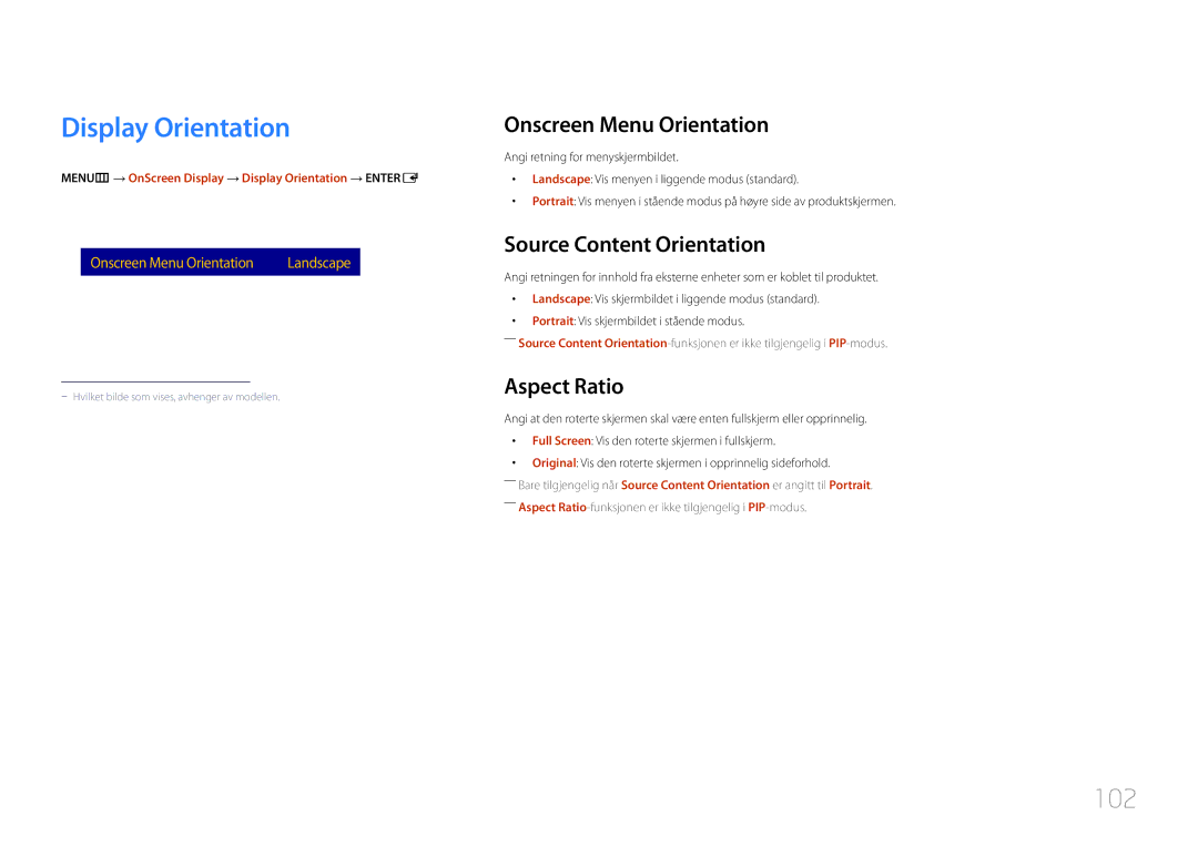Samsung LH22DBDPTGC/EN manual Display Orientation, 102, Onscreen Menu Orientation, Source Content Orientation, Aspect Ratio 