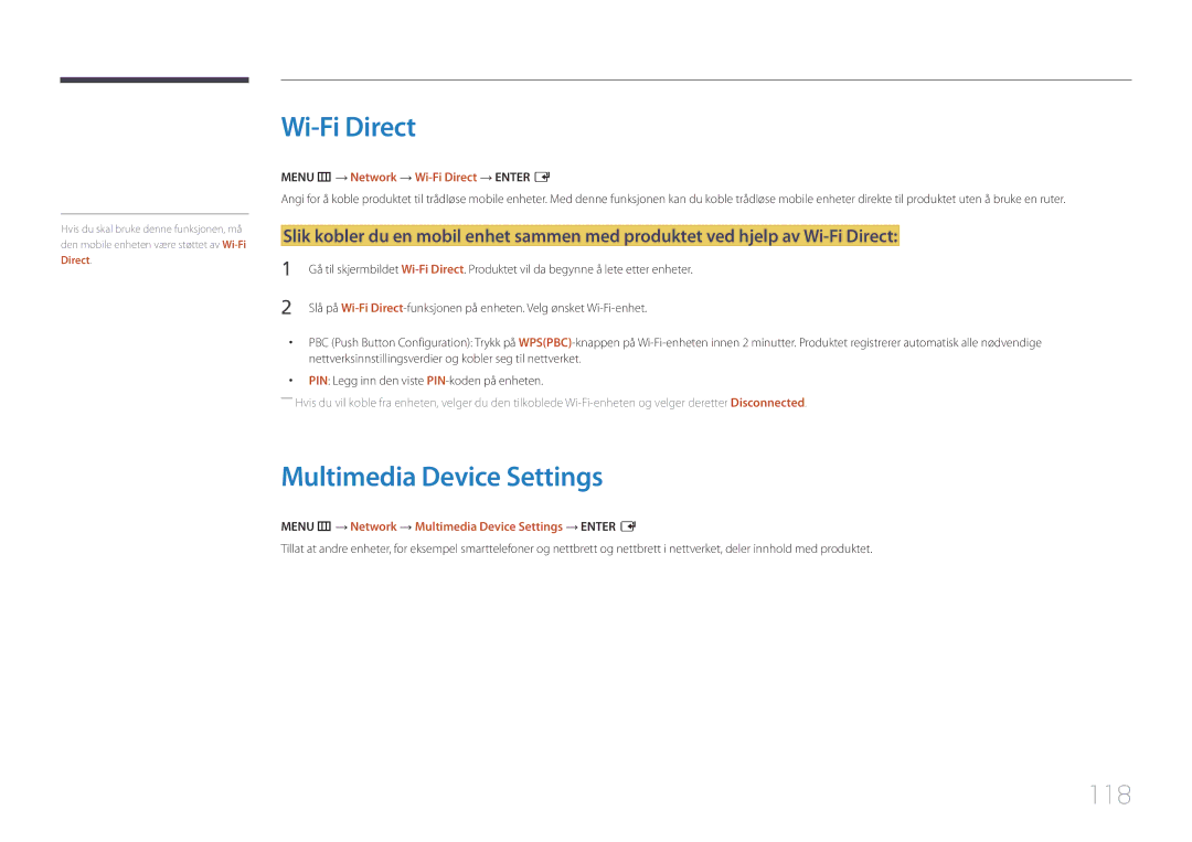 Samsung LH22DBDPTGC/EN manual Multimedia Device Settings, 118, Menu m → Network → Wi-Fi Direct → Enter E 