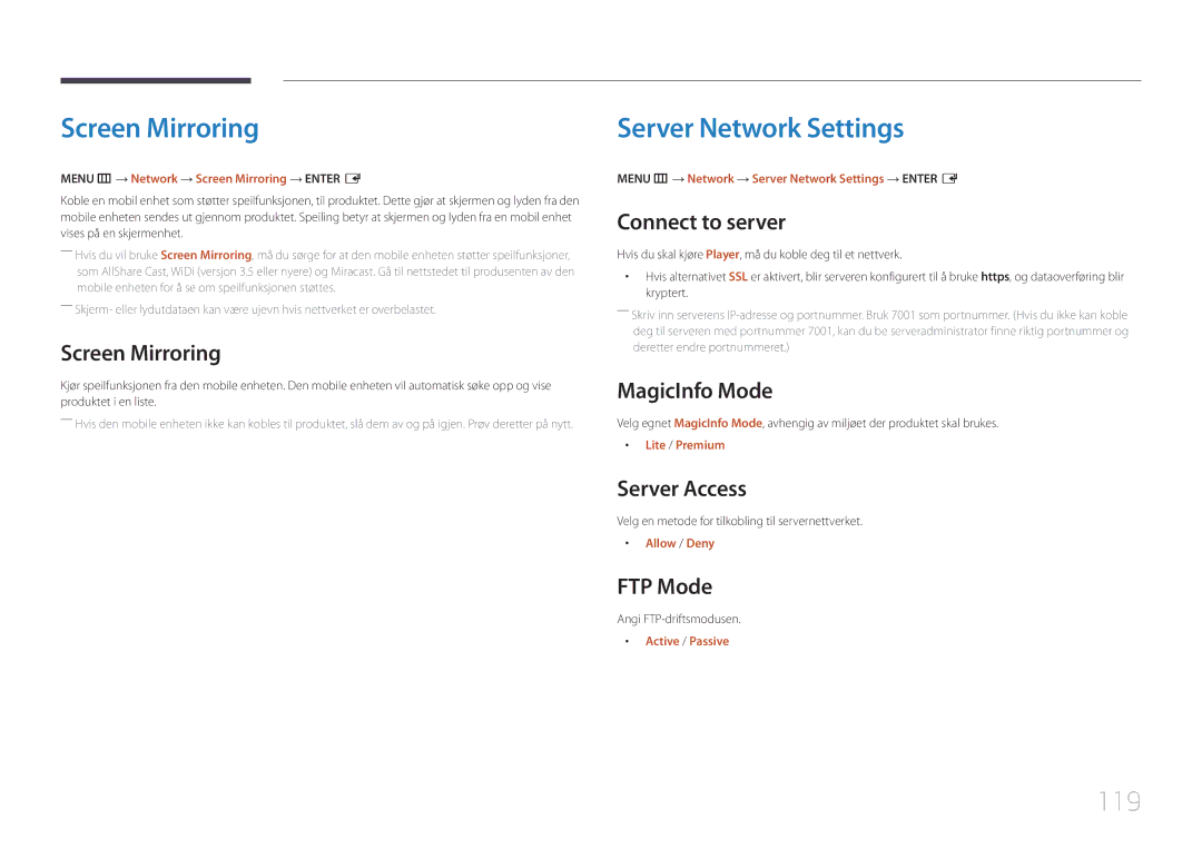 Samsung LH22DBDPTGC/EN manual Screen Mirroring, Server Network Settings, 119 