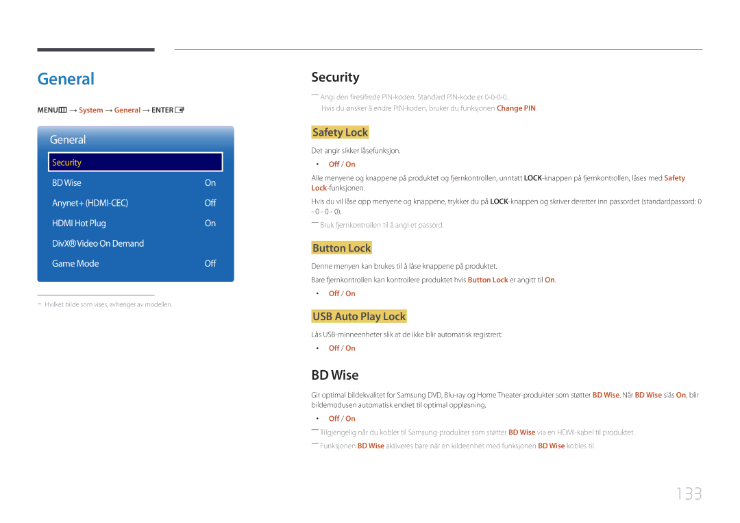 Samsung LH22DBDPTGC/EN manual General, 133, Security, BD Wise 