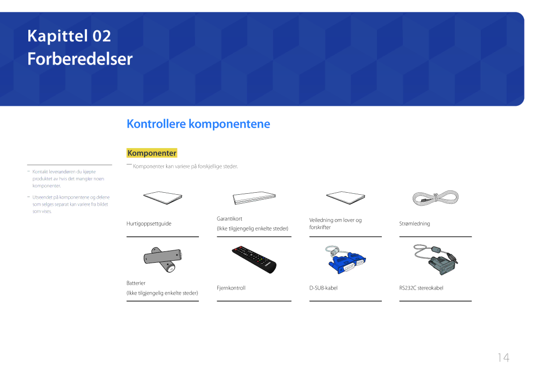 Samsung LH22DBDPTGC/EN manual Forberedelser, Kontrollere komponentene, Komponenter 