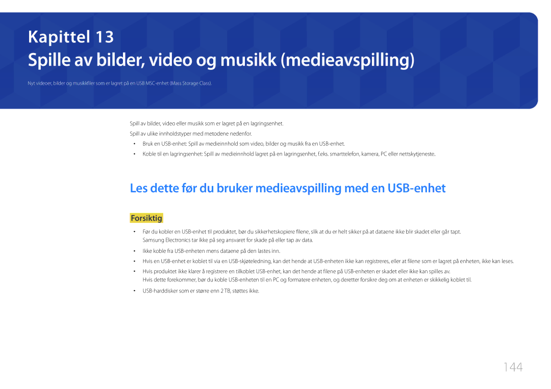 Samsung LH22DBDPTGC/EN manual Spille av bilder, video og musikk medieavspilling, 144 