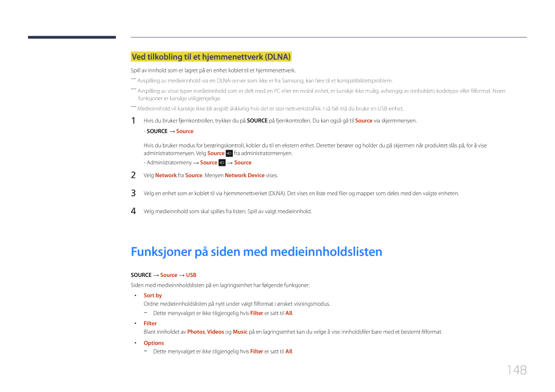 Samsung LH22DBDPTGC/EN Funksjoner på siden med medieinnholdslisten, 148, Ved tilkobling til et hjemmenettverk Dlna, Filter 