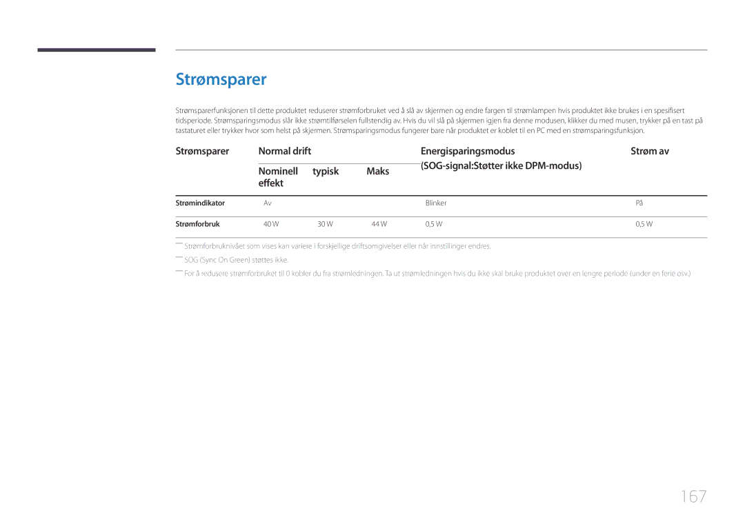 Samsung LH22DBDPTGC/EN manual Strømsparer, 167, Effekt, Strømindikator Blinker Strømforbruk 40 W 