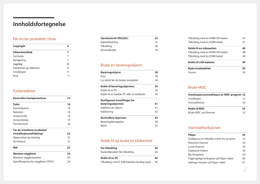 Samsung LH22DBDPTGC/EN manual Innholdsfortegnelse 