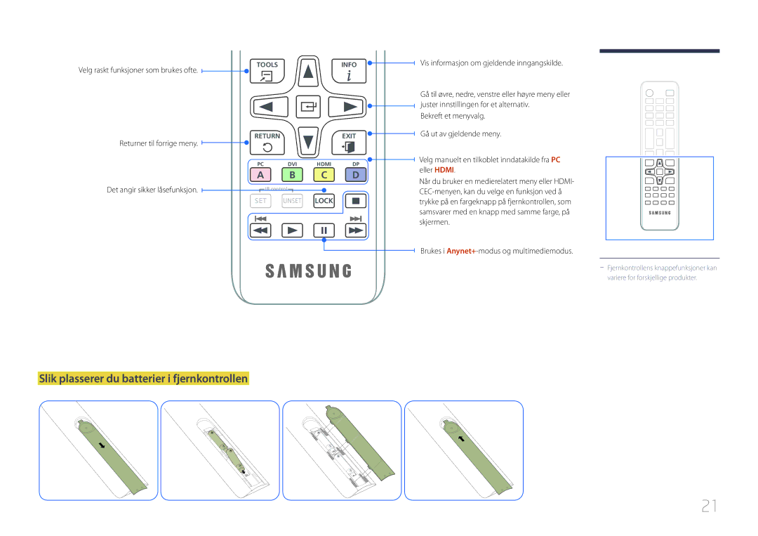Samsung LH22DBDPTGC/EN manual Slik plasserer du batterier i fjernkontrollen, Velg raskt funksjoner som brukes ofte 
