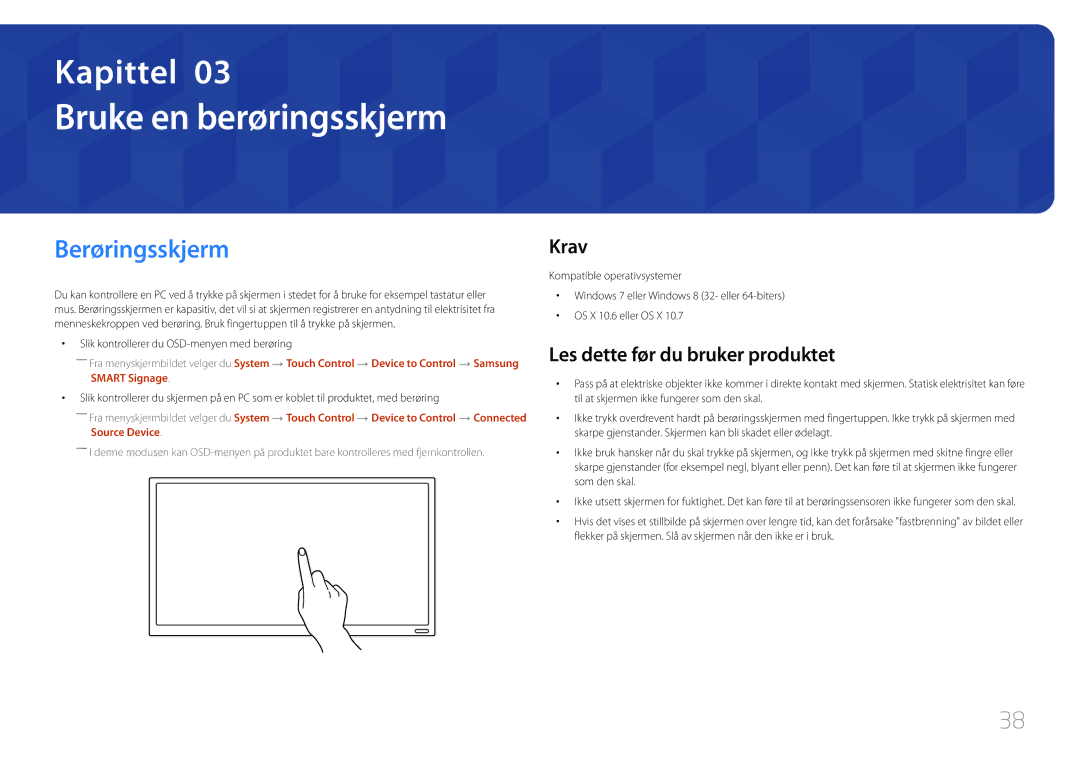 Samsung LH22DBDPTGC/EN manual Bruke en berøringsskjerm, Berøringsskjerm, Krav, Les dette før du bruker produktet 