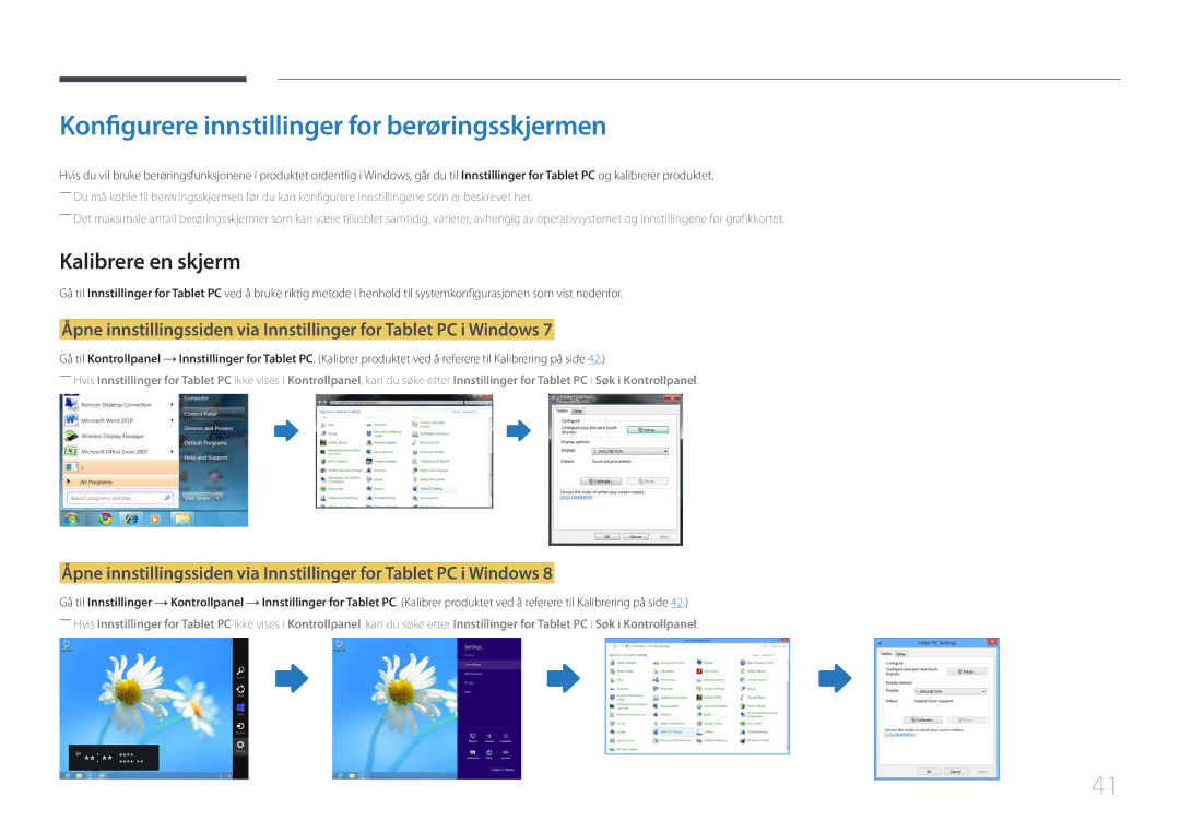 Samsung LH22DBDPTGC/EN manual Konfigurere innstillinger for berøringsskjermen, Kalibrere en skjerm 