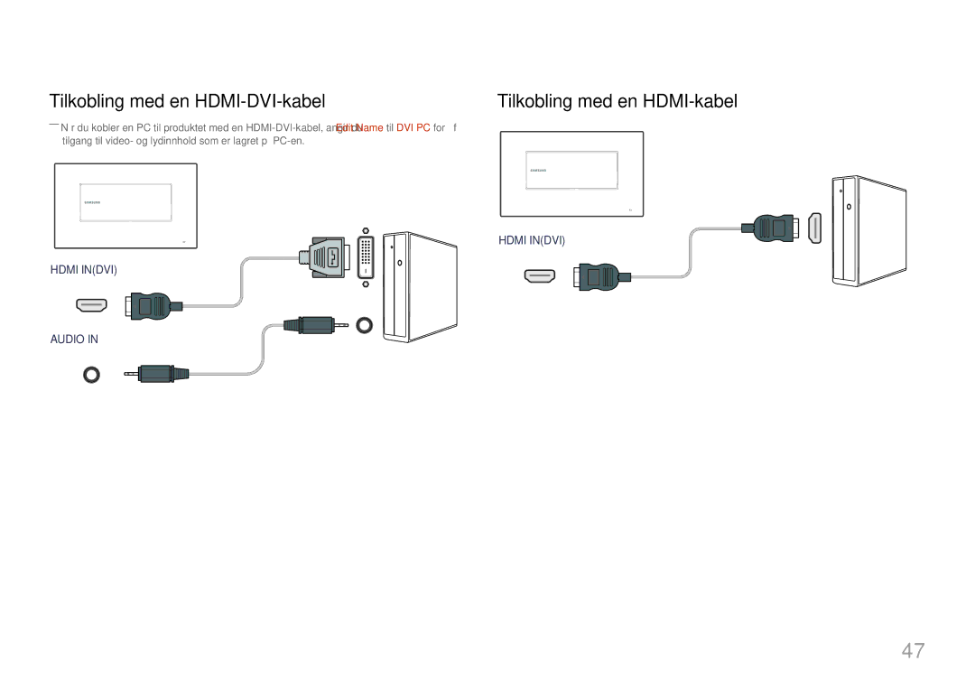 Samsung LH22DBDPTGC/EN manual Tilkobling med en HDMI-DVI-kabel, Tilkobling med en HDMI-kabel 