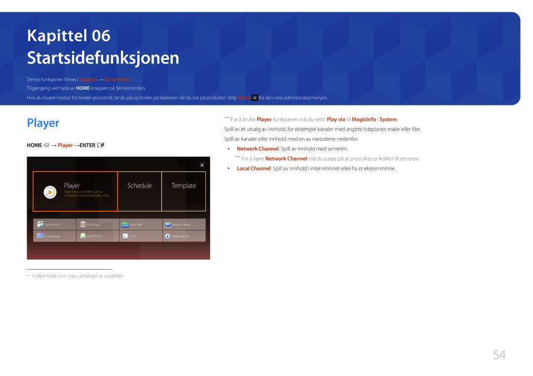 Samsung LH22DBDPTGC/EN manual Startsidefunksjonen, Schedule Template, Home → Player →ENTER E 