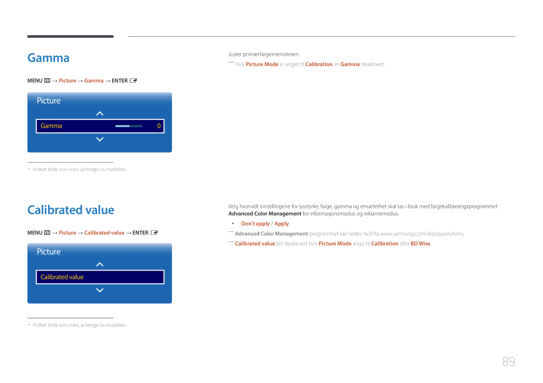 Samsung LH22DBDPTGC/EN manual Calibrated value, Menu m → Picture → Gamma → Enter E, Dont apply / Apply 