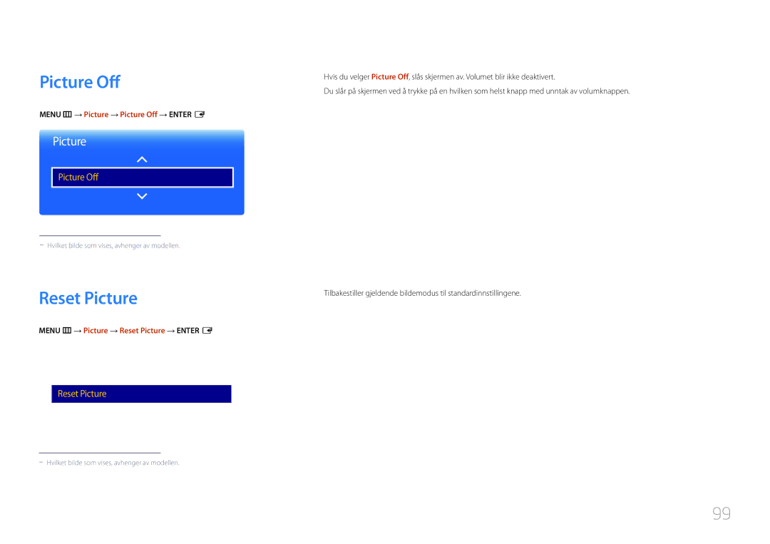 Samsung LH22DBDPTGC/EN manual Reset Picture, Menu m → Picture → Picture Off → Enter E 