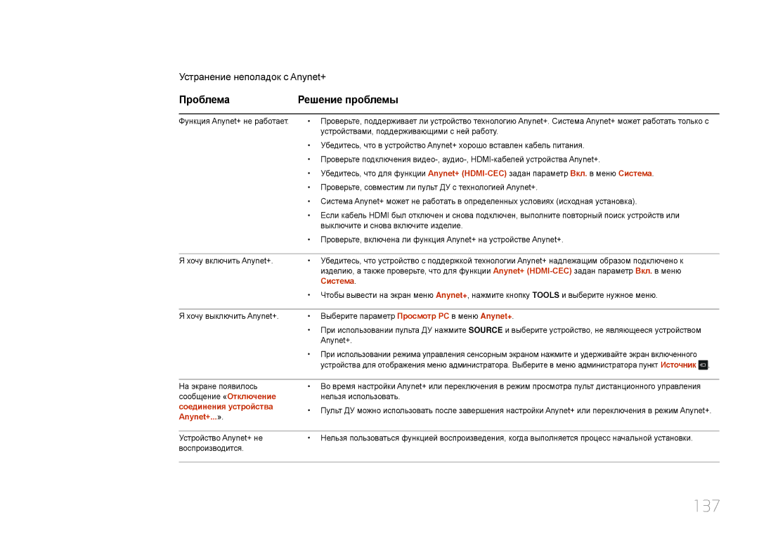 Samsung LH22DBDPTGC/EN manual 137, Проблема Решение проблемы, Система, Соединения устройства, Anynet+...» 