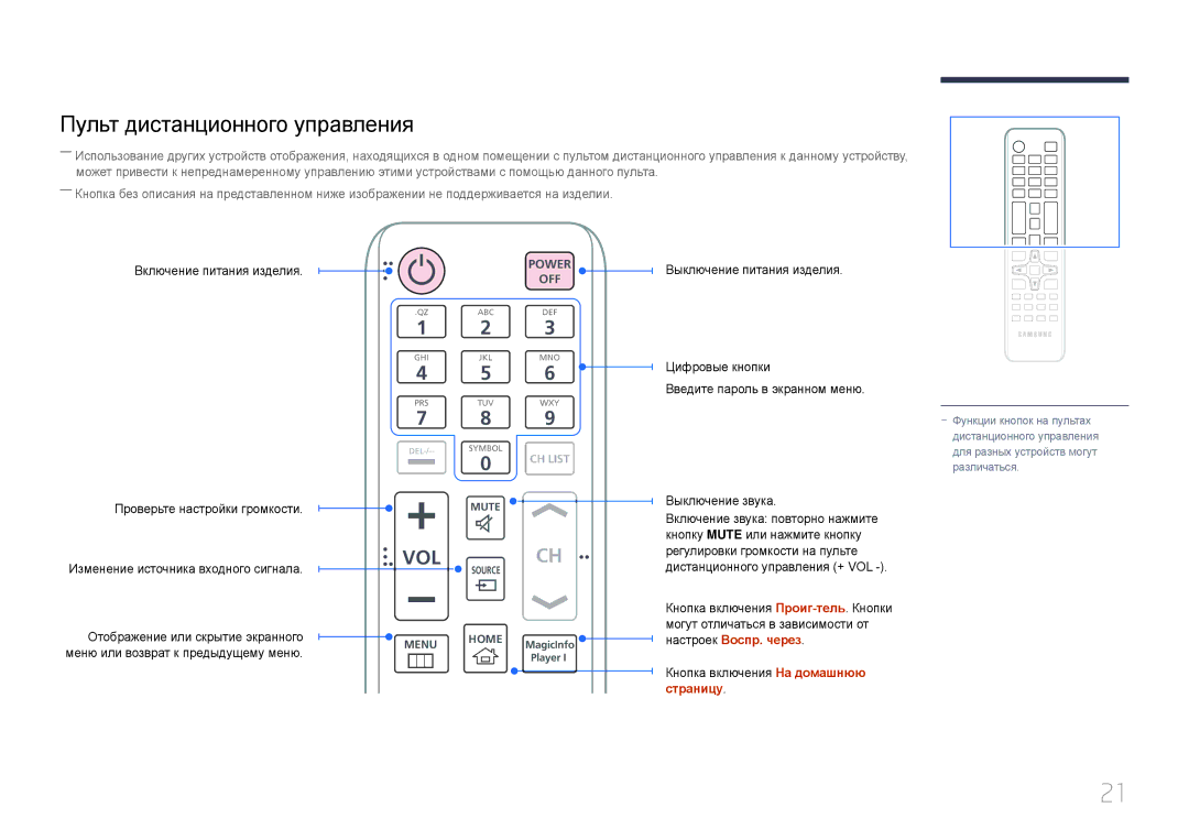 Samsung LH22DBDPTGC/EN manual Пульт дистанционного управления, Кнопка включения На домашнюю страницу 