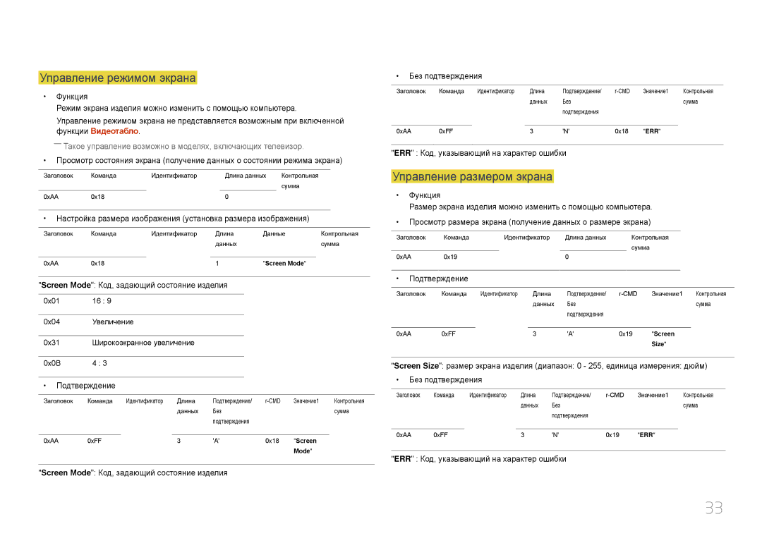 Samsung LH22DBDPTGC/EN Управление режимом экрана, Управление размером экрана, Screen Mode Код, задающий состояние изделия 