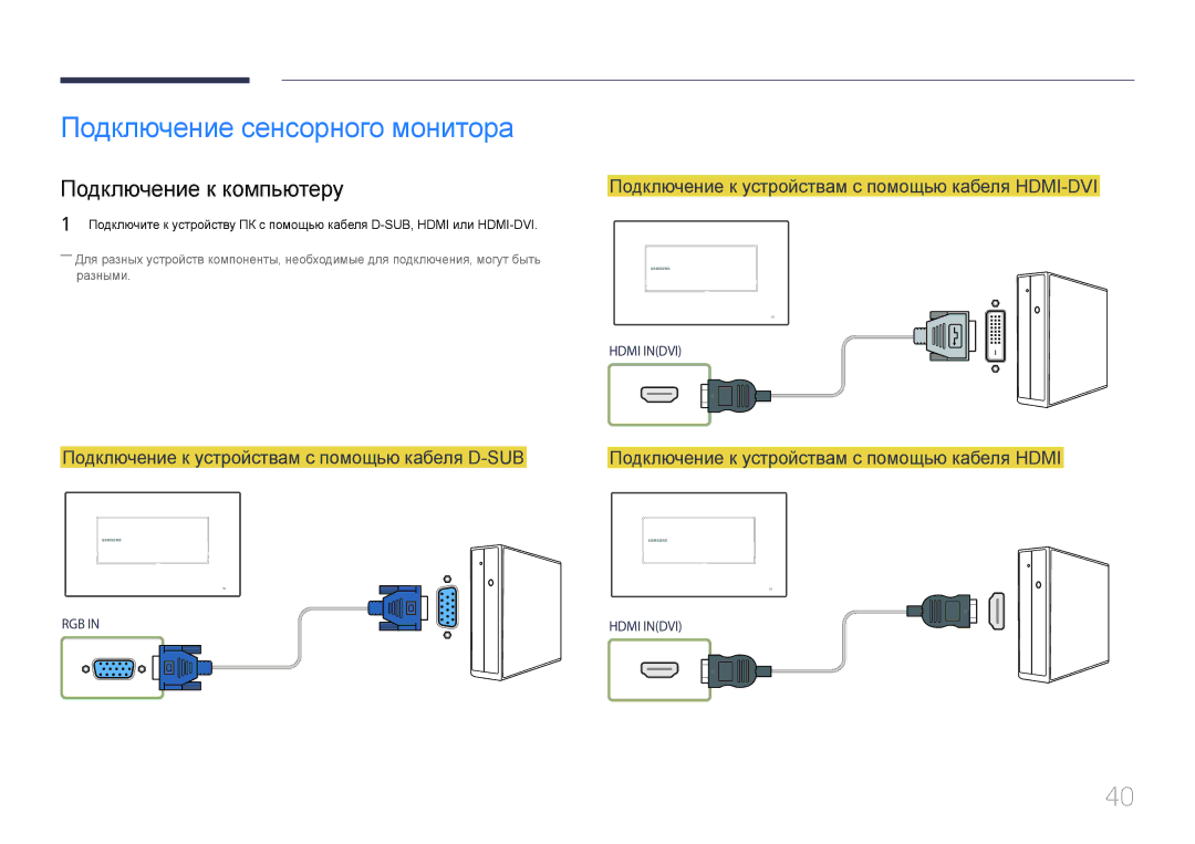 Samsung LH22DBDPTGC/EN manual Подключение сенсорного монитора, Подключение к компьютеру 