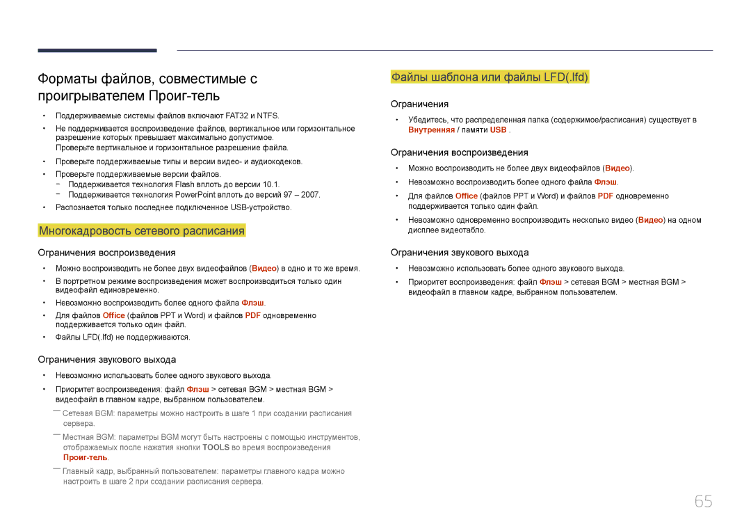 Samsung LH22DBDPTGC/EN manual Форматы файлов, совместимые с проигрывателем Проиг-тель, Многокадровость сетевого расписания 