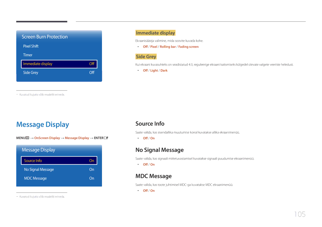 Samsung LH22DBDPTGC/EN manual Message Display, 105, Source Info, No Signal Message, MDC Message 