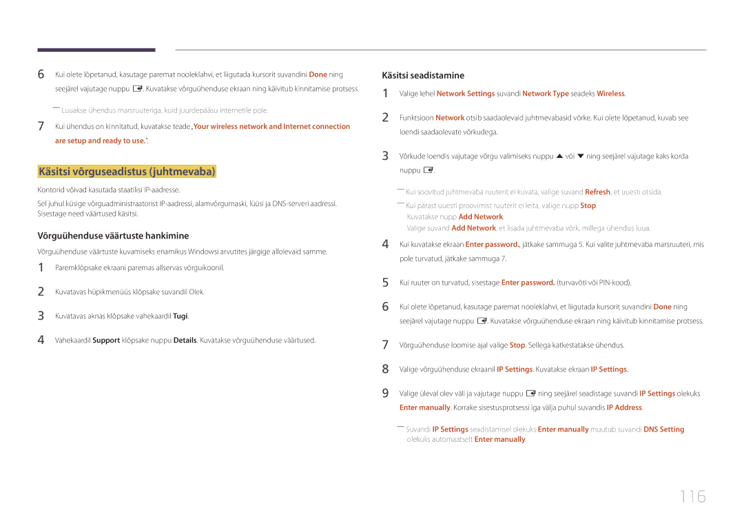 Samsung LH22DBDPTGC/EN manual 116, Käsitsi võrguseadistus juhtmevaba 