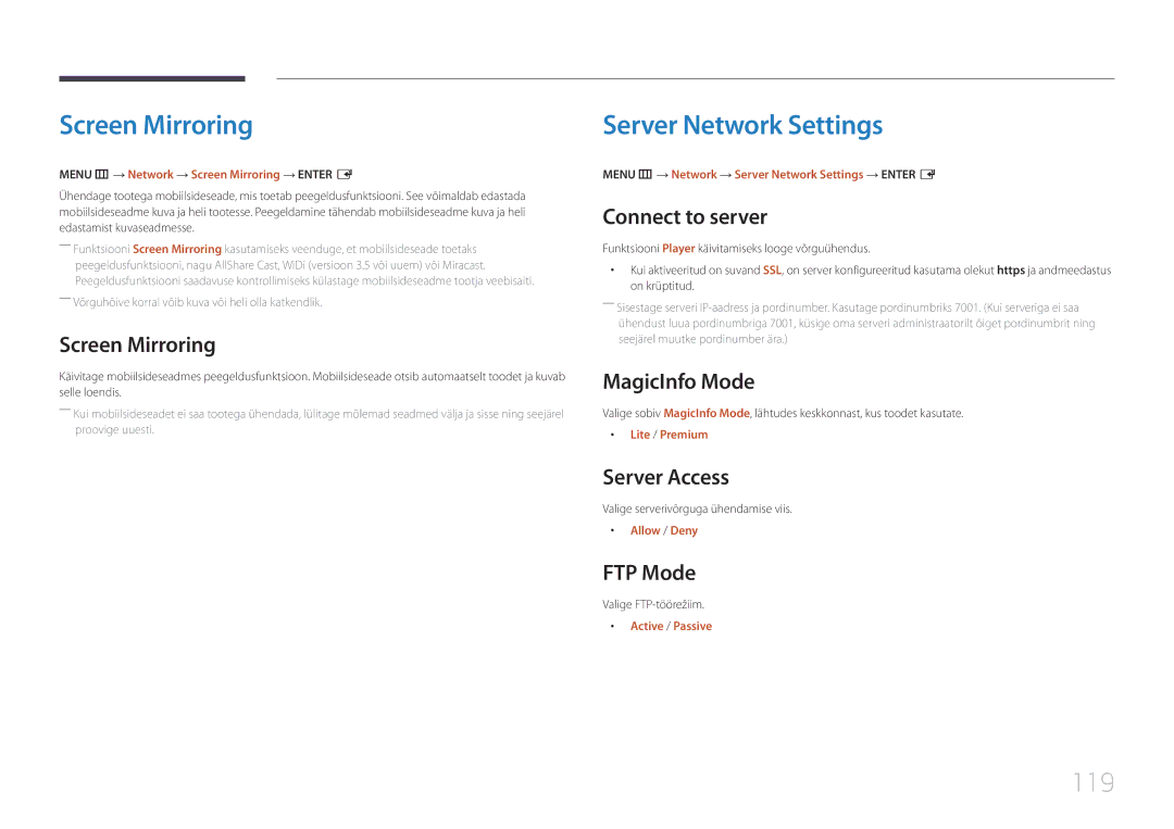 Samsung LH22DBDPTGC/EN manual Screen Mirroring, Server Network Settings, 119 