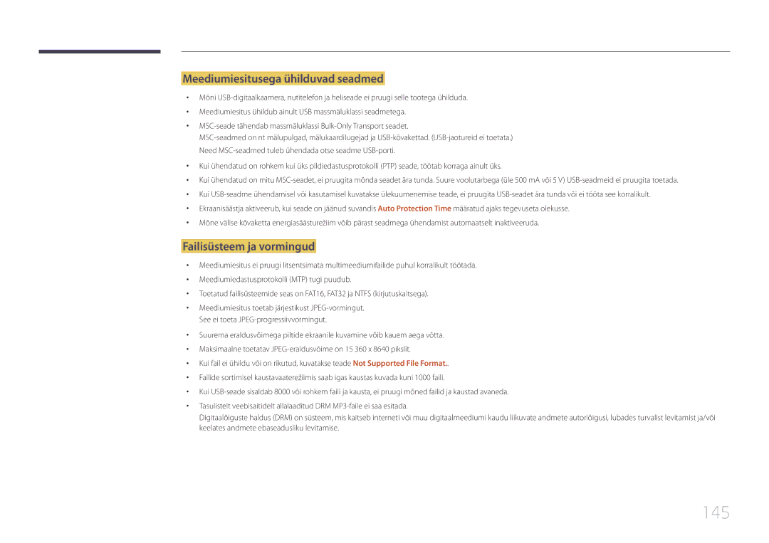 Samsung LH22DBDPTGC/EN manual 145, Meediumiesitusega ühilduvad seadmed, Failisüsteem ja vormingud 