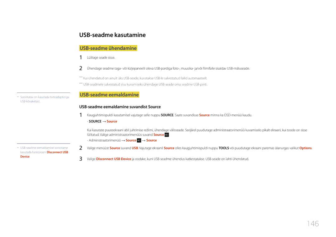 Samsung LH22DBDPTGC/EN manual 146, USB-seadme kasutamine, USB-seadme ühendamine, USB-seadme eemaldamine, → Source 