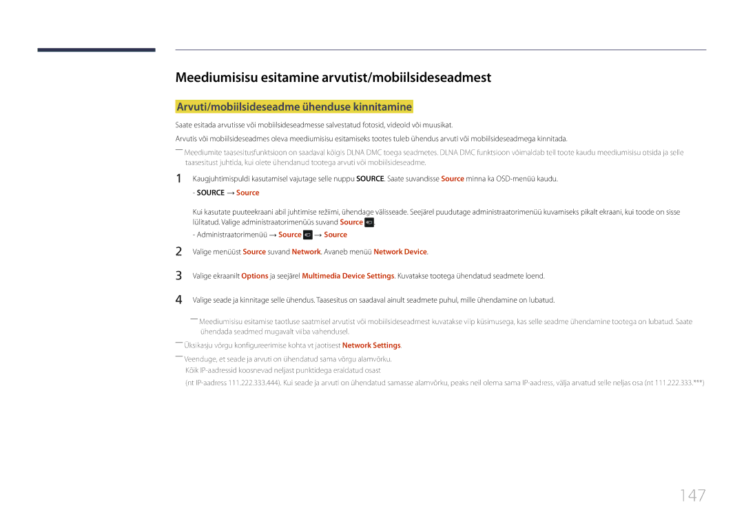 Samsung LH22DBDPTGC/EN manual 147, Meediumisisu esitamine arvutist/mobiilsideseadmest 