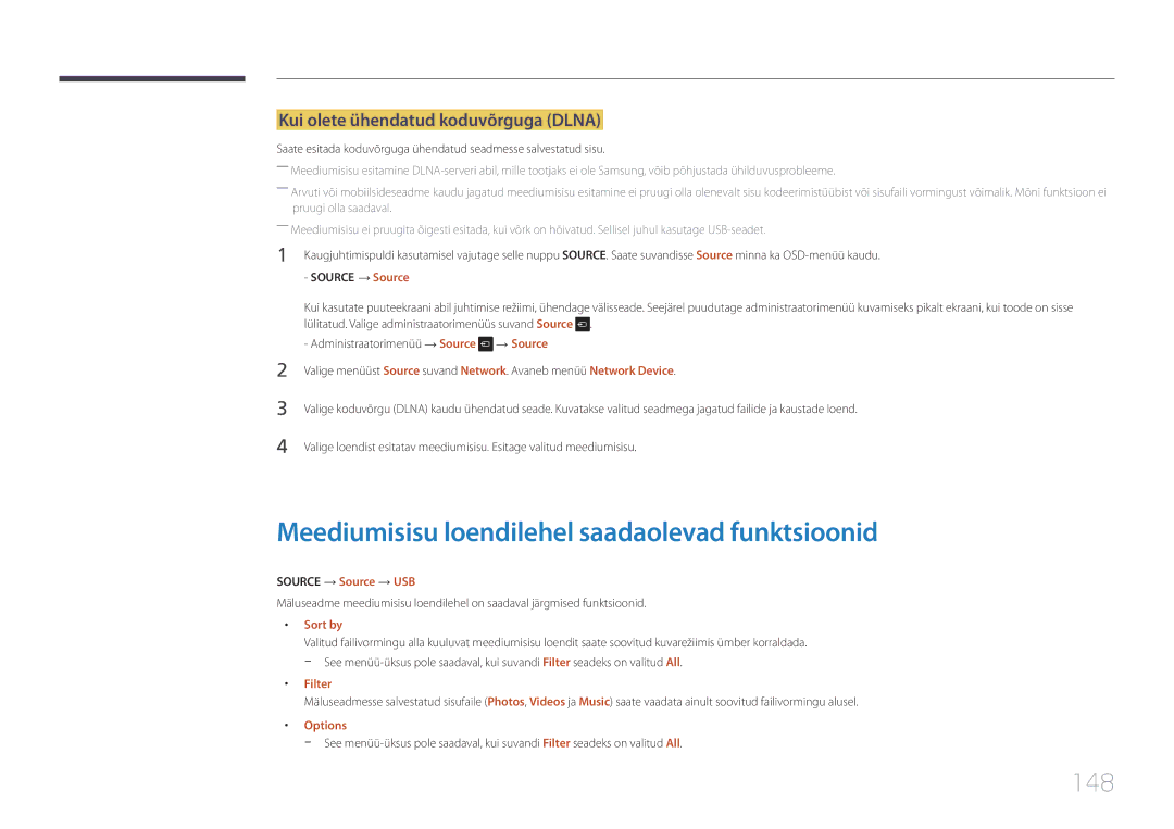 Samsung LH22DBDPTGC/EN manual Meediumisisu loendilehel saadaolevad funktsioonid, 148, Kui olete ühendatud koduvõrguga Dlna 