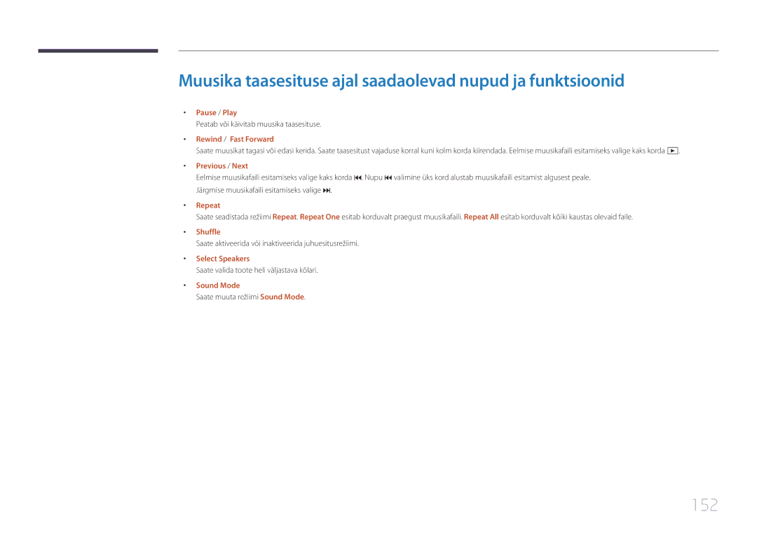 Samsung LH22DBDPTGC/EN manual Muusika taasesituse ajal saadaolevad nupud ja funktsioonid, 152, Shuffle 