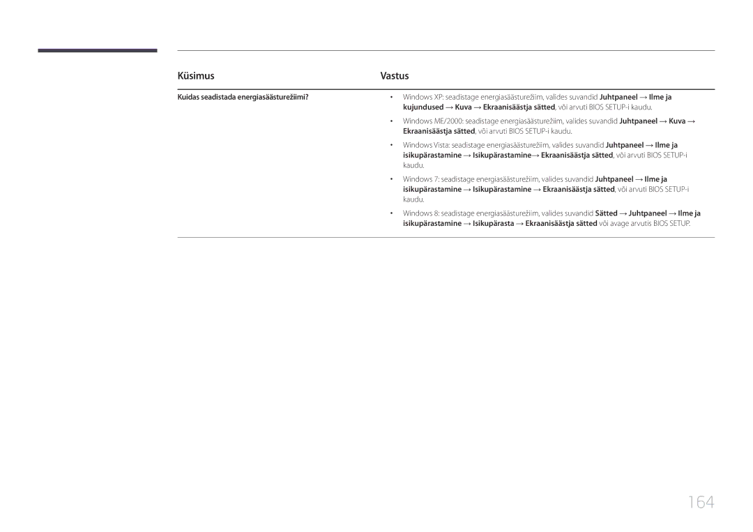 Samsung LH22DBDPTGC/EN 164, Kuidas seadistada energiasäästurežiimi?, Ekraanisäästja sätted, või arvuti Bios SETUP-i kaudu 