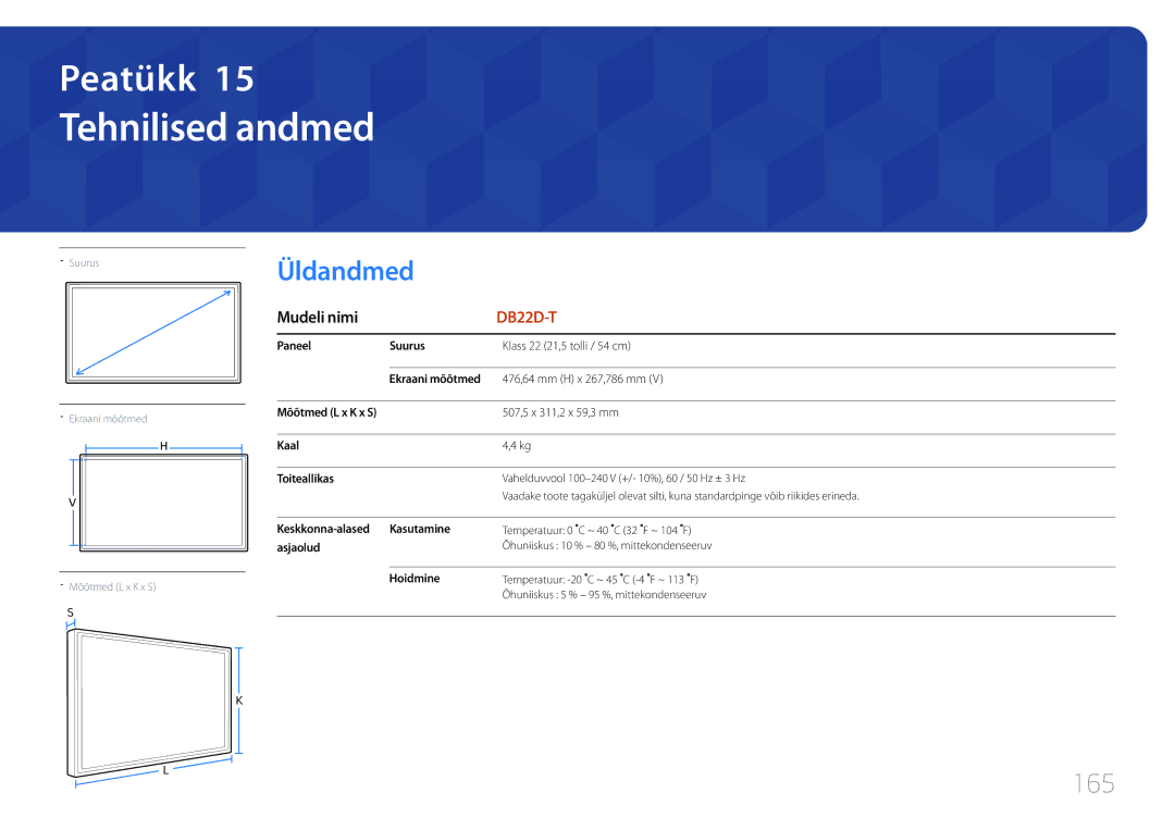 Samsung LH22DBDPTGC/EN manual Tehnilised andmed, Üldandmed, 165 