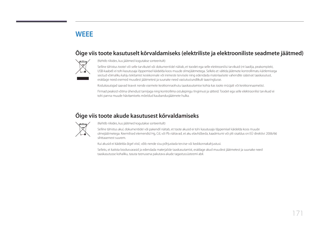 Samsung LH22DBDPTGC/EN manual 171, Őige viis toote akude kasutusest kőrvaldamiseks 