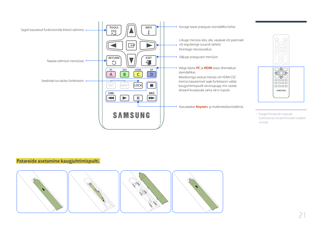 Samsung LH22DBDPTGC/EN manual Patareide asetamine kaugjuhtimispulti, Sageli kasutatud funktsioonide kiiresti valimine 