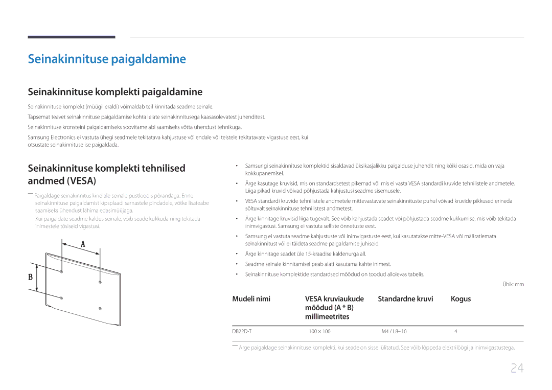 Samsung LH22DBDPTGC/EN Seinakinnituse paigaldamine, Seinakinnituse komplekti paigaldamine, Mõõdud a * B Millimeetrites 