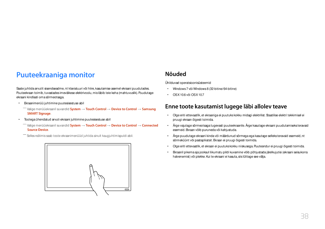 Samsung LH22DBDPTGC/EN manual Puuteekraaniga monitori kasutamine, Nõuded, Enne toote kasutamist lugege läbi allolev teave 