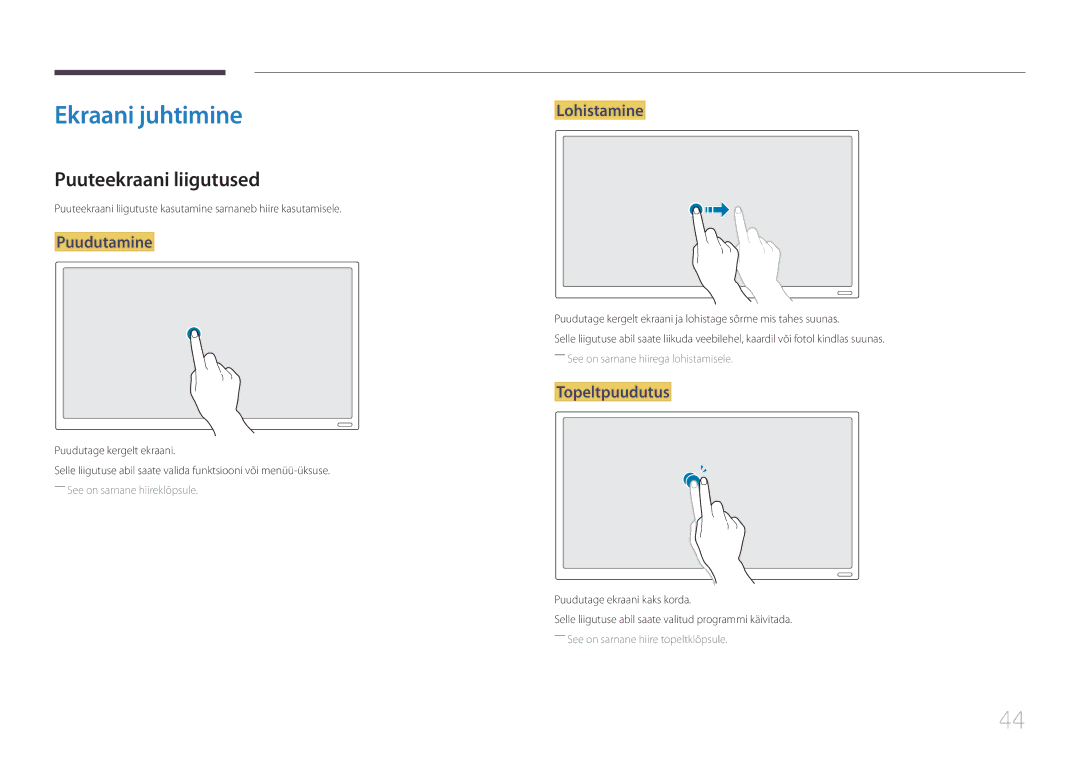 Samsung LH22DBDPTGC/EN manual Ekraani juhtimine, Puuteekraani liigutused, Puudutamine, Lohistamine, Topeltpuudutus 