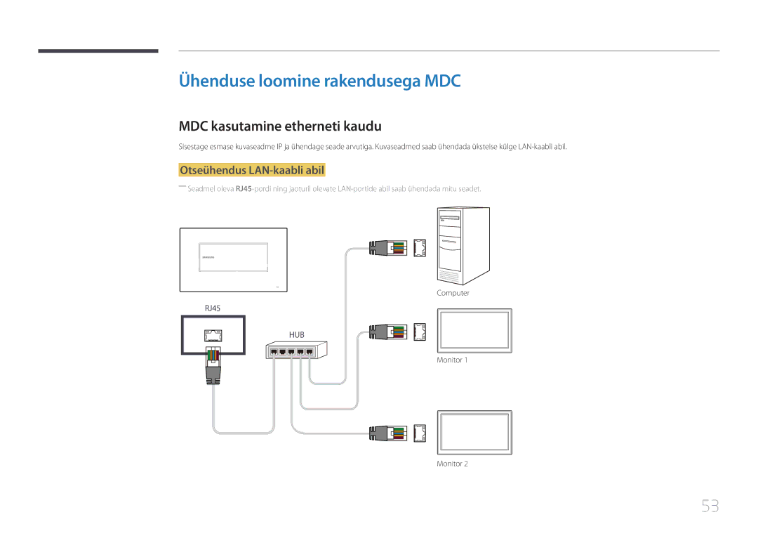 Samsung LH22DBDPTGC/EN manual Ühenduse loomine rakendusega MDC, MDC kasutamine etherneti kaudu, Otseühendus LAN-kaabli abil 