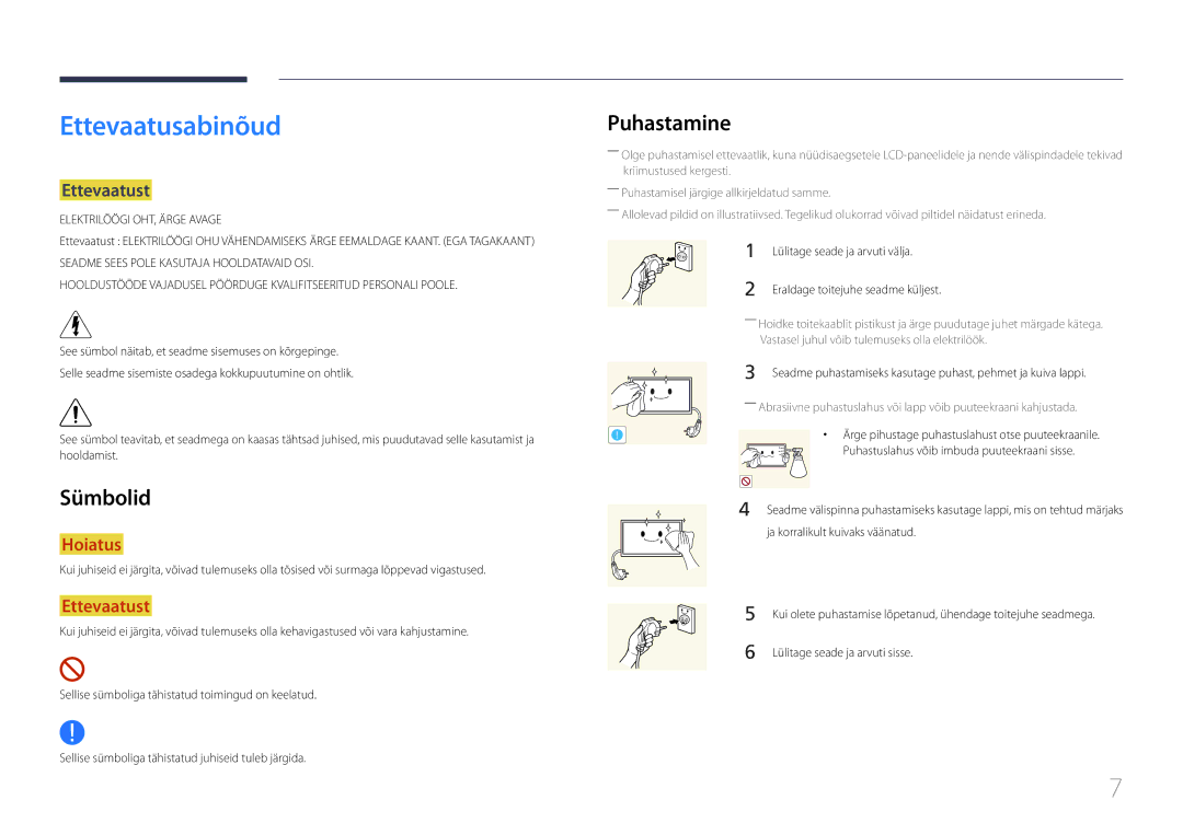 Samsung LH22DBDPTGC/EN manual Ettevaatusabinõud, Puhastamine, Sümbolid, Ettevaatust 