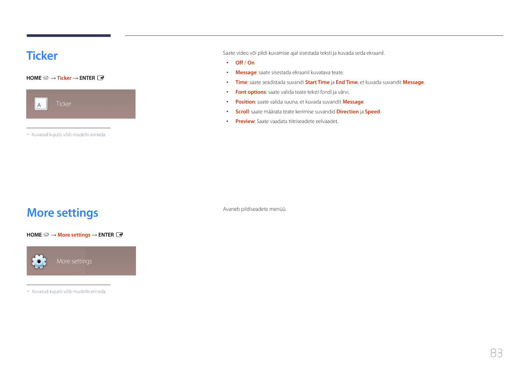 Samsung LH22DBDPTGC/EN manual Ticker, Home → More settings → Enter E 