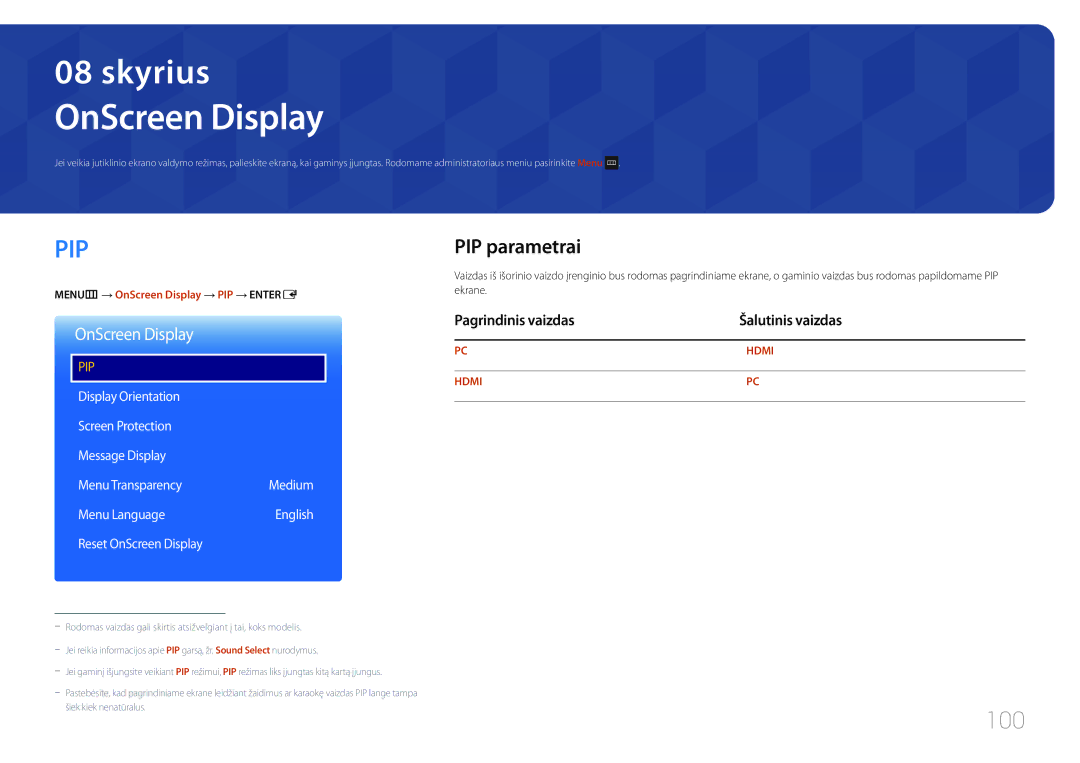 Samsung LH22DBDPTGC/EN manual OnScreen Display, 100, PIP parametrai, Pagrindinis vaizdas Šalutinis vaizdas 