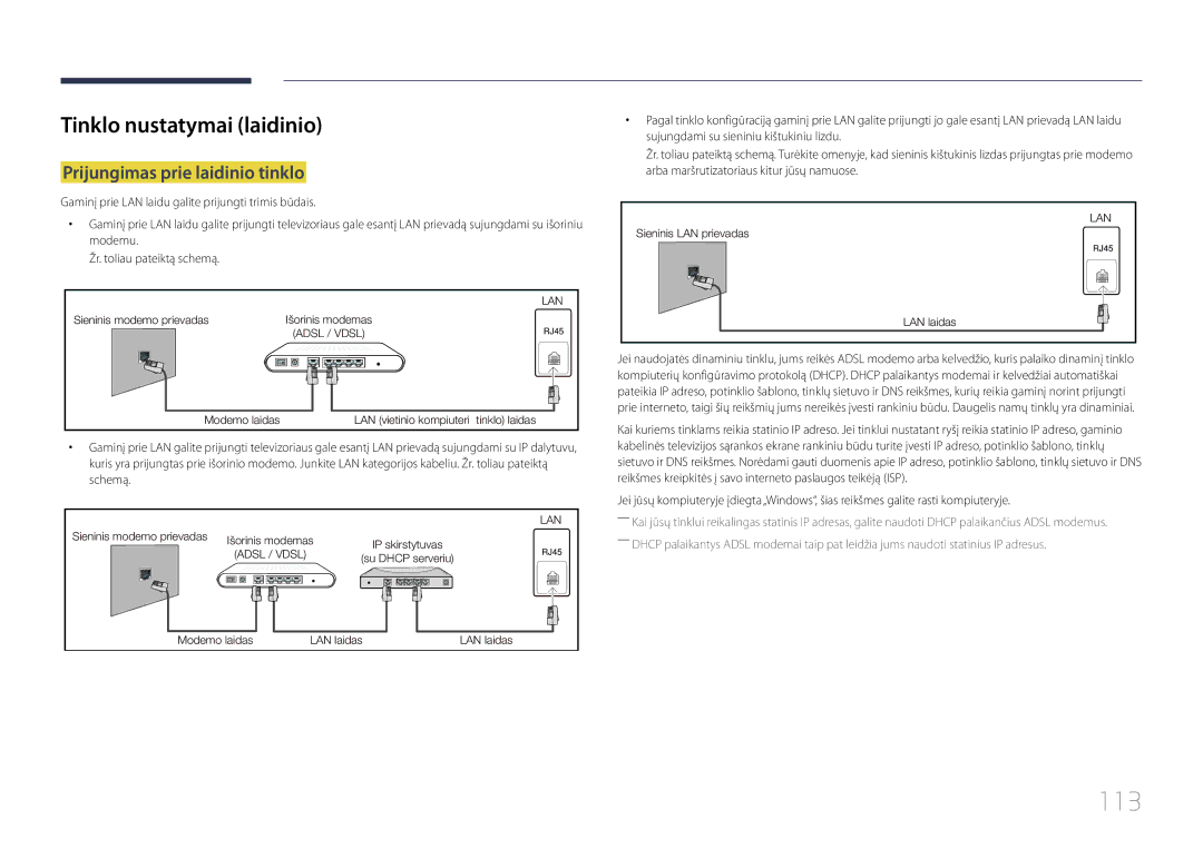 Samsung LH22DBDPTGC/EN manual 113, Tinklo nustatymai laidinio, Prijungimas prie laidinio tinklo 