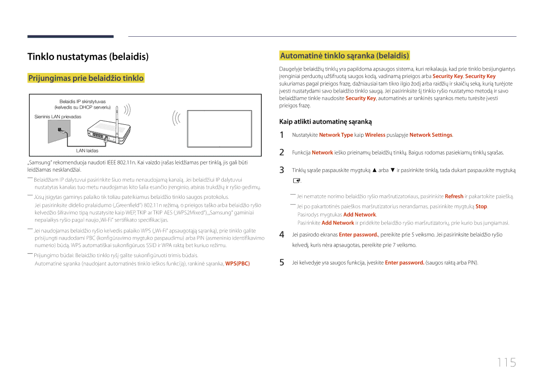 Samsung LH22DBDPTGC/EN manual 115, Tinklo nustatymas belaidis, Prijungimas prie belaidžio tinklo 